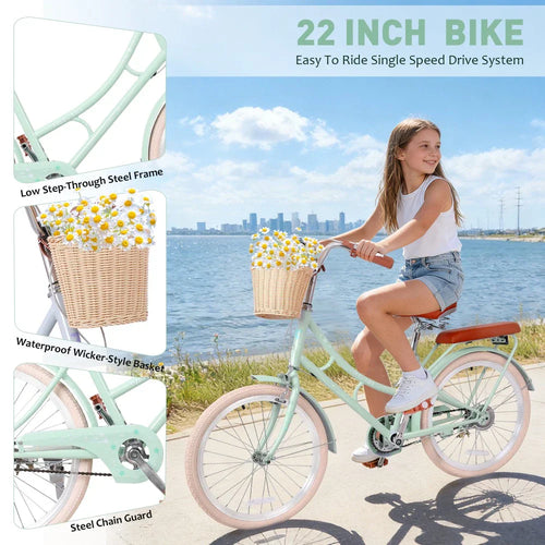 22 Inch Beach Cruiser Bike for Girls, Commuter Bicycle with Front Basket